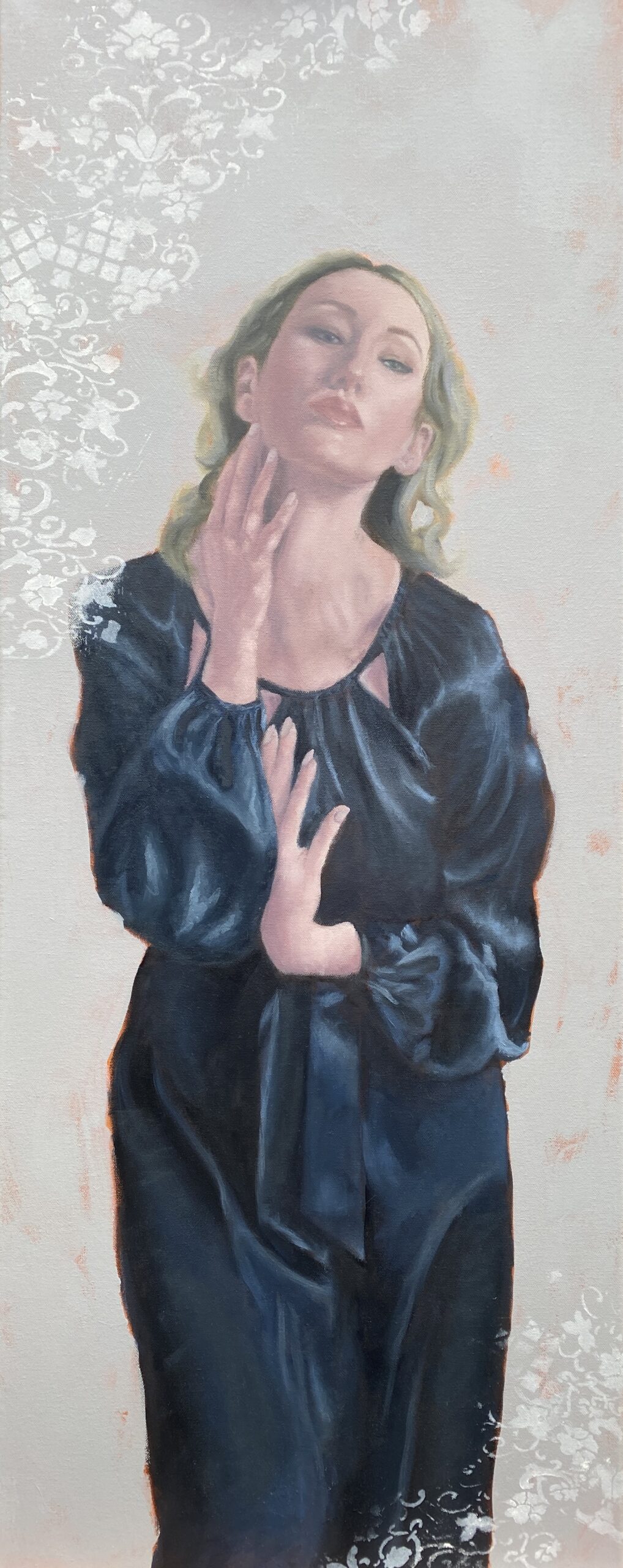 Original oil portrait of a young woman in a dark blue, satin dress. She's staring straight out at the viewer and holding one hand to her face.