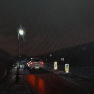 Night time painting of a dark street scene, with a car travelling down the road. Its red rear lights are glowing on the road, and its next to two brightly lit bollards and a street light.